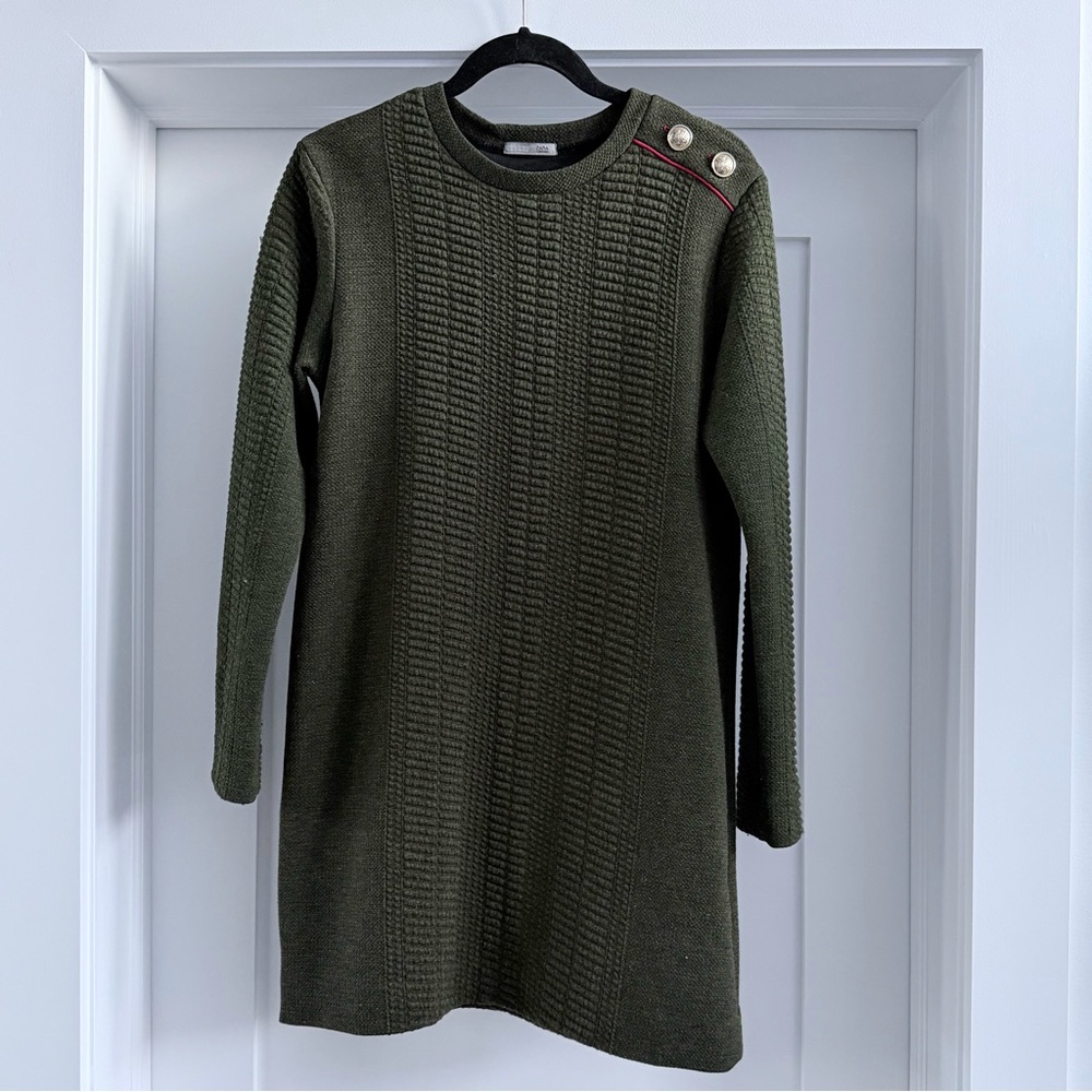 Zara Olive Green Short Dress/Tunic with Button Accents